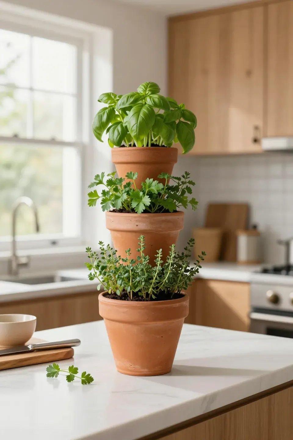 A vertical stack of three terracotta pots growing fresh herbs on a white marble kitchen counter.