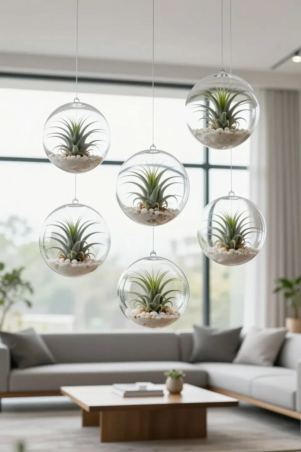 Suspended glass globes containing air plants hanging in a bright, modern living room.