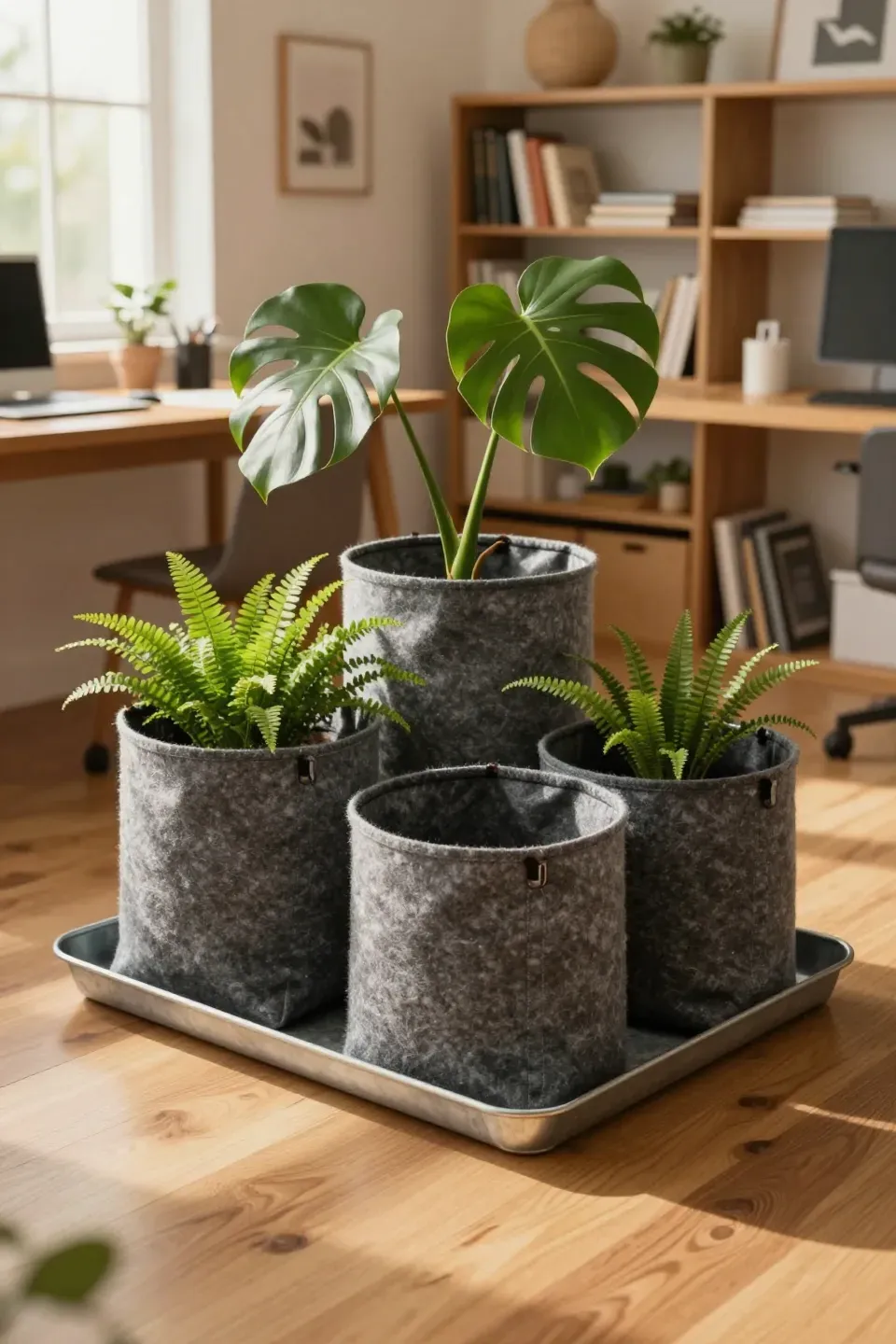 Gray fabric grow bags with large green plants on a metal tray in a sunlit home office.