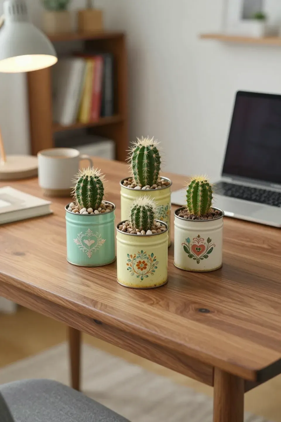 Vintage tea tins used as small cactus planters on a wooden desk in a cozy room.