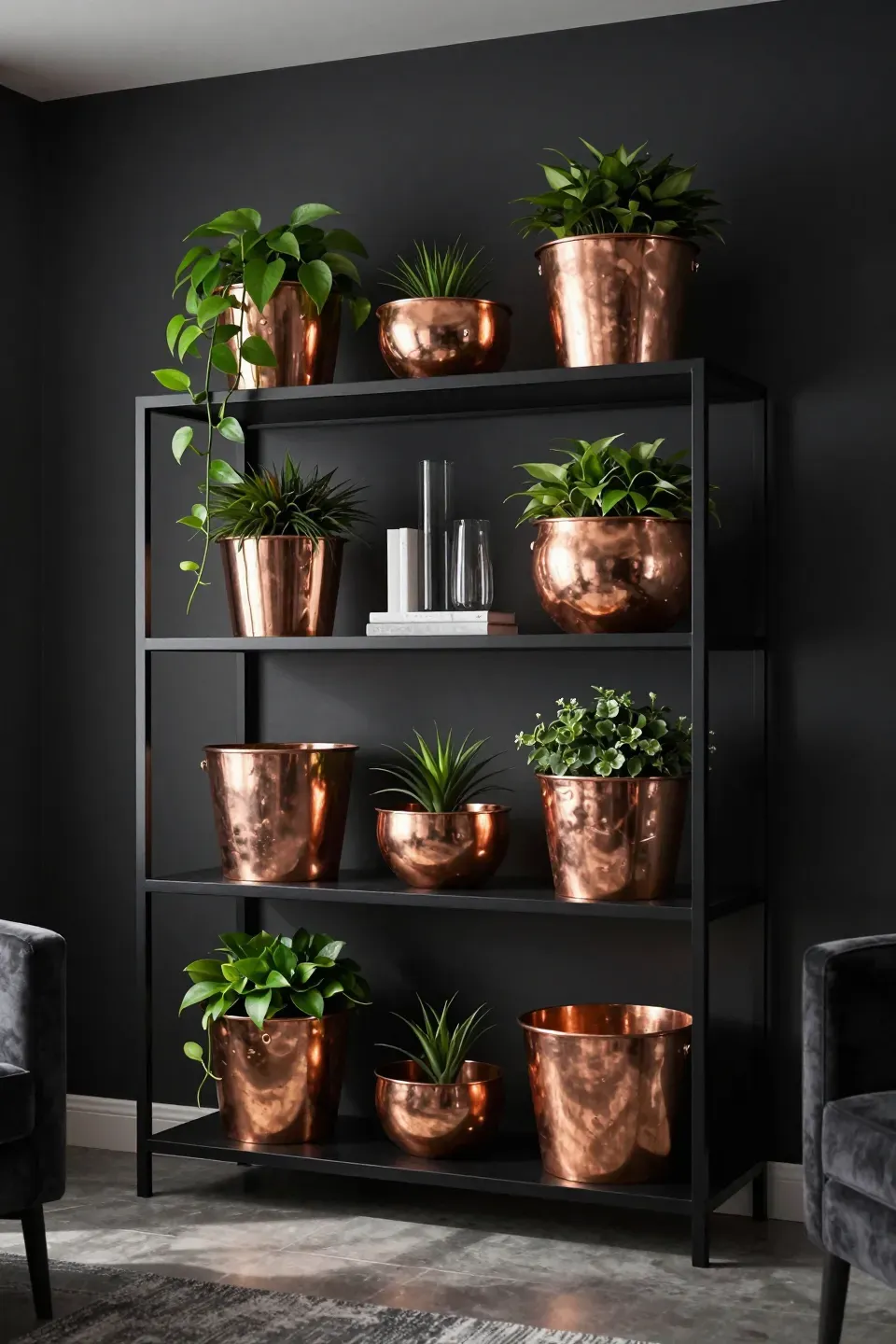 Shiny copper pots with trailing green plants on a black metal shelf against a dark wall.