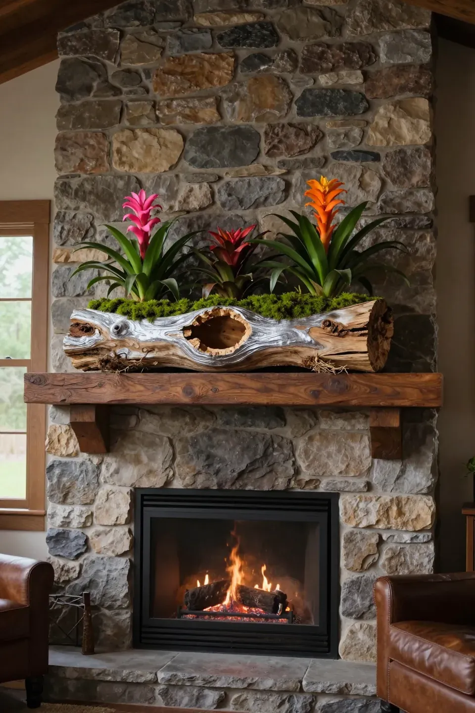 A rustic driftwood log used as a planter for colorful bromeliads on a stone fireplace mantle.