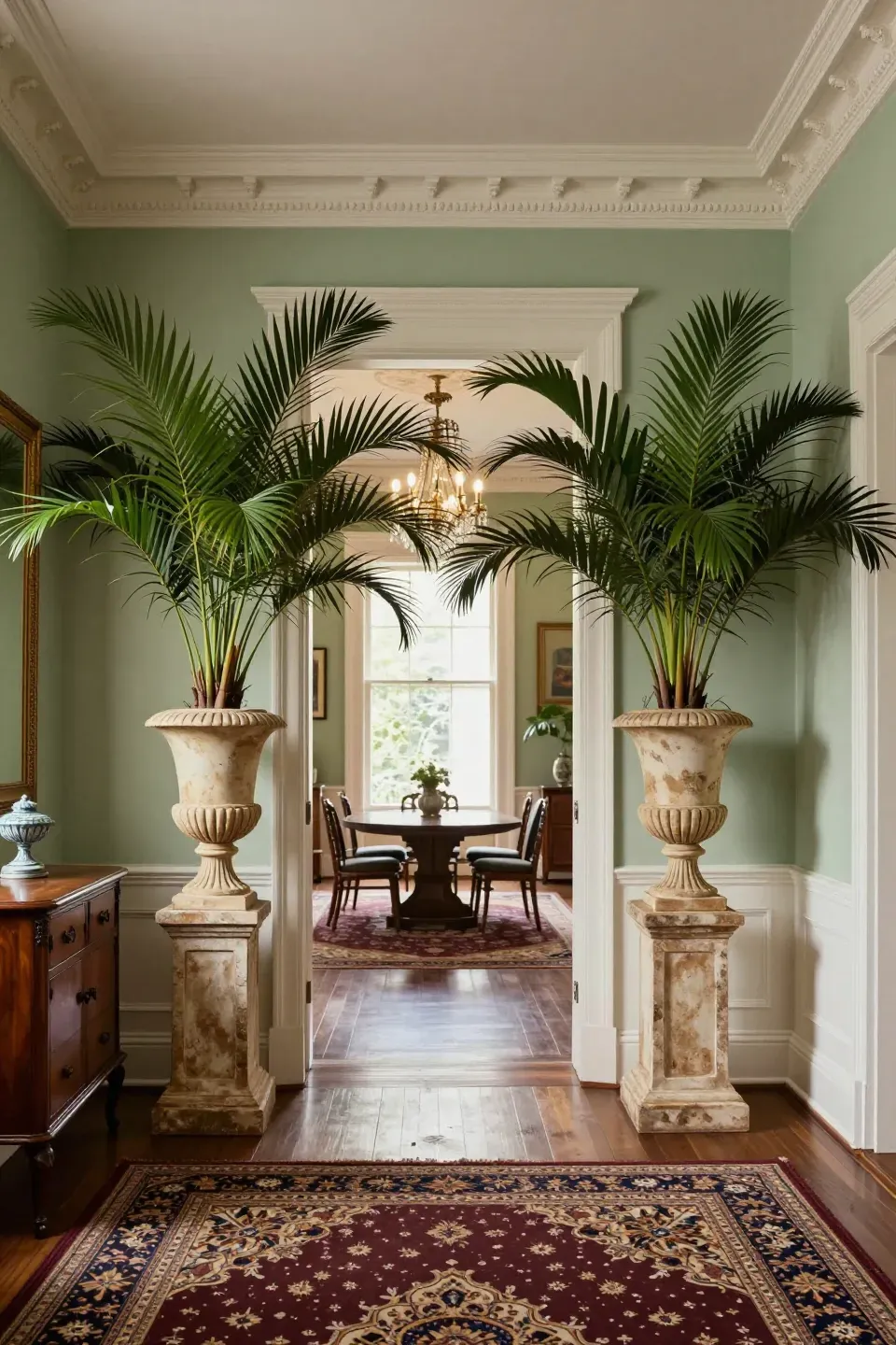 A tall cream-colored pedestal urn holding a lush parlor palm in a formal traditional living room.