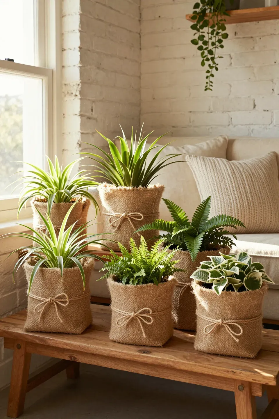 A group of indoor plants in pots wrapped in burlap and twine sitting on a wooden bench in a sunny room.