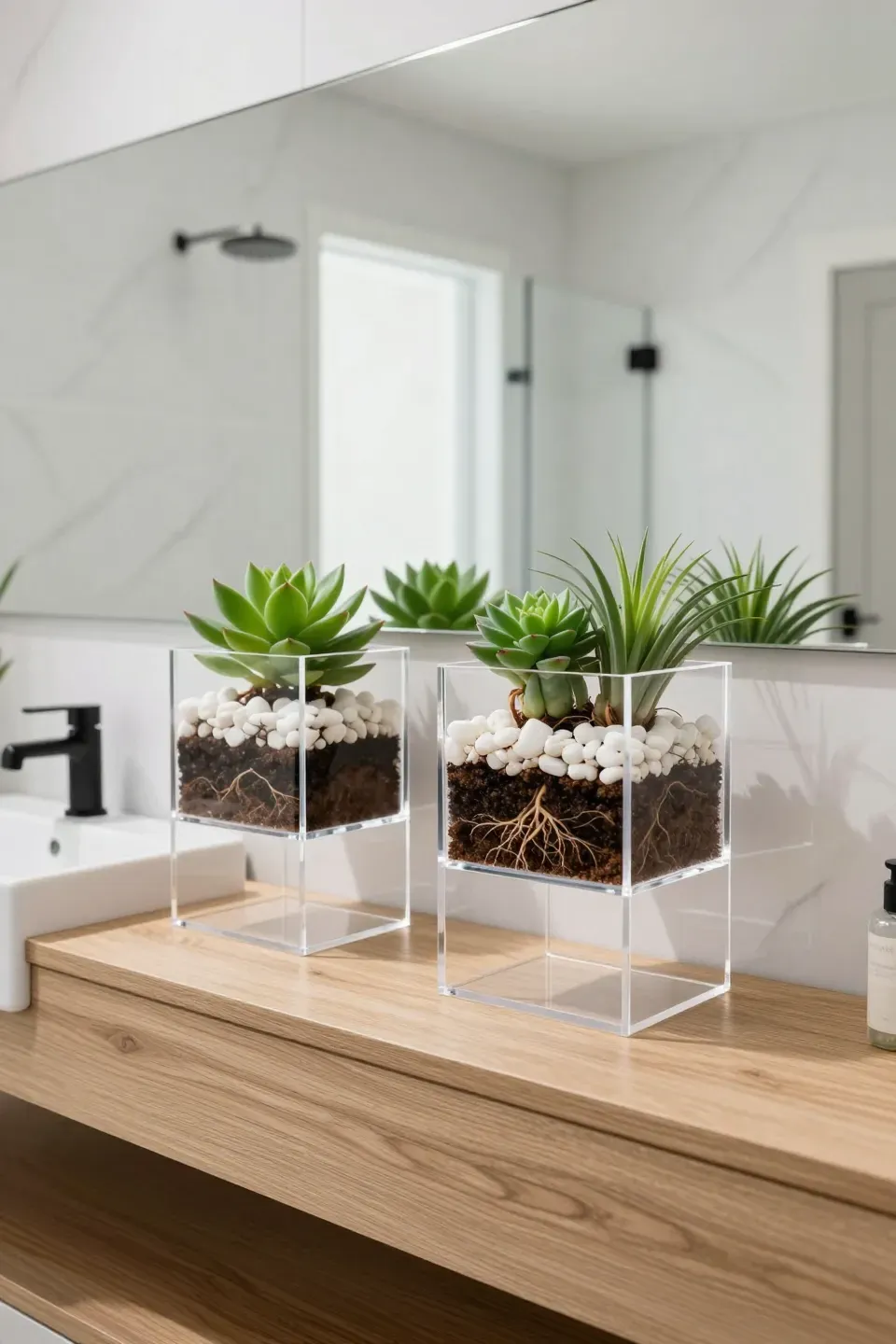 Transparent acrylic box planters showing soil and roots on a modern bathroom vanity.
