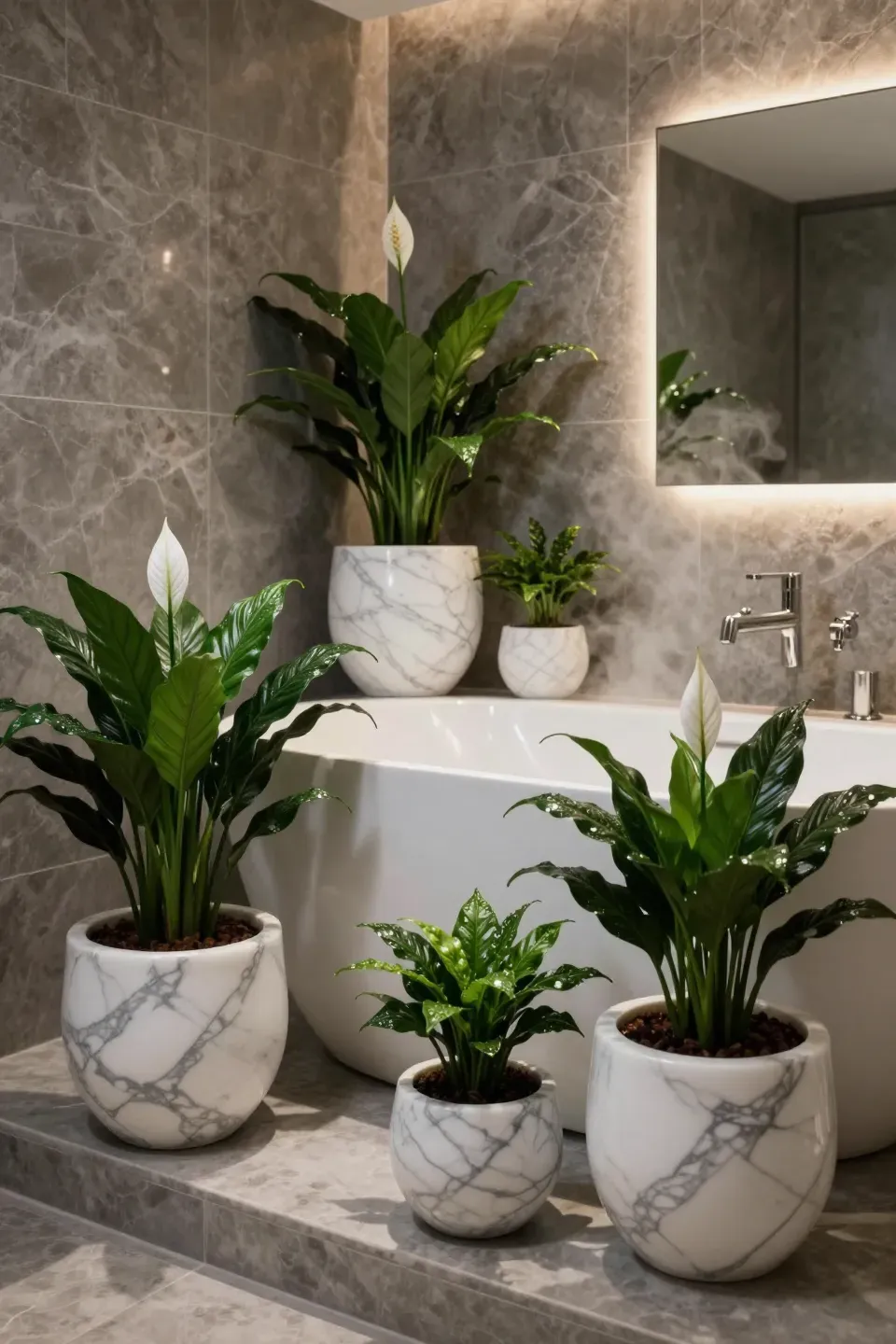 White marble-patterned resin pots with peace lilies sitting next to a luxury freestanding bathtub.