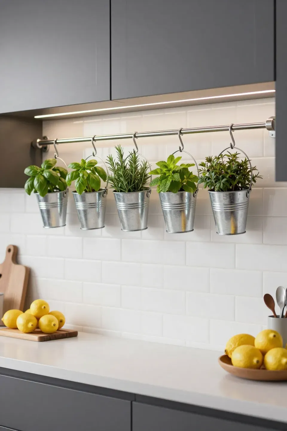 Small galvanized metal buckets filled with fresh herbs hanging from a rail on a kitchen backsplash.