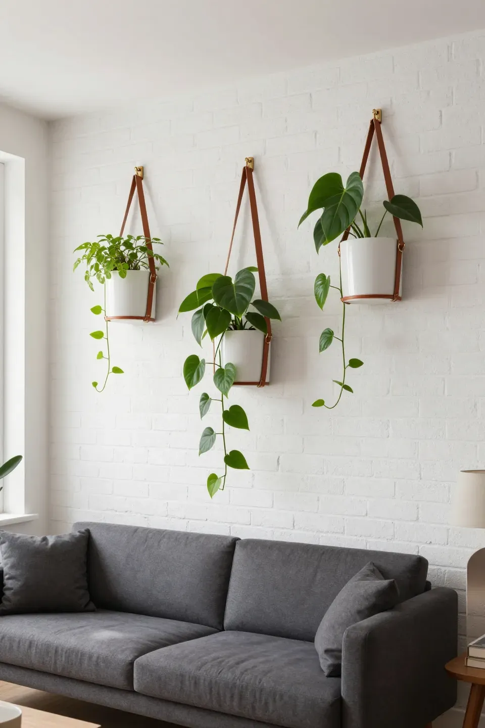 Modern white ceramic pots hanging from cognac leather straps on a white brick wall with trailing vines.