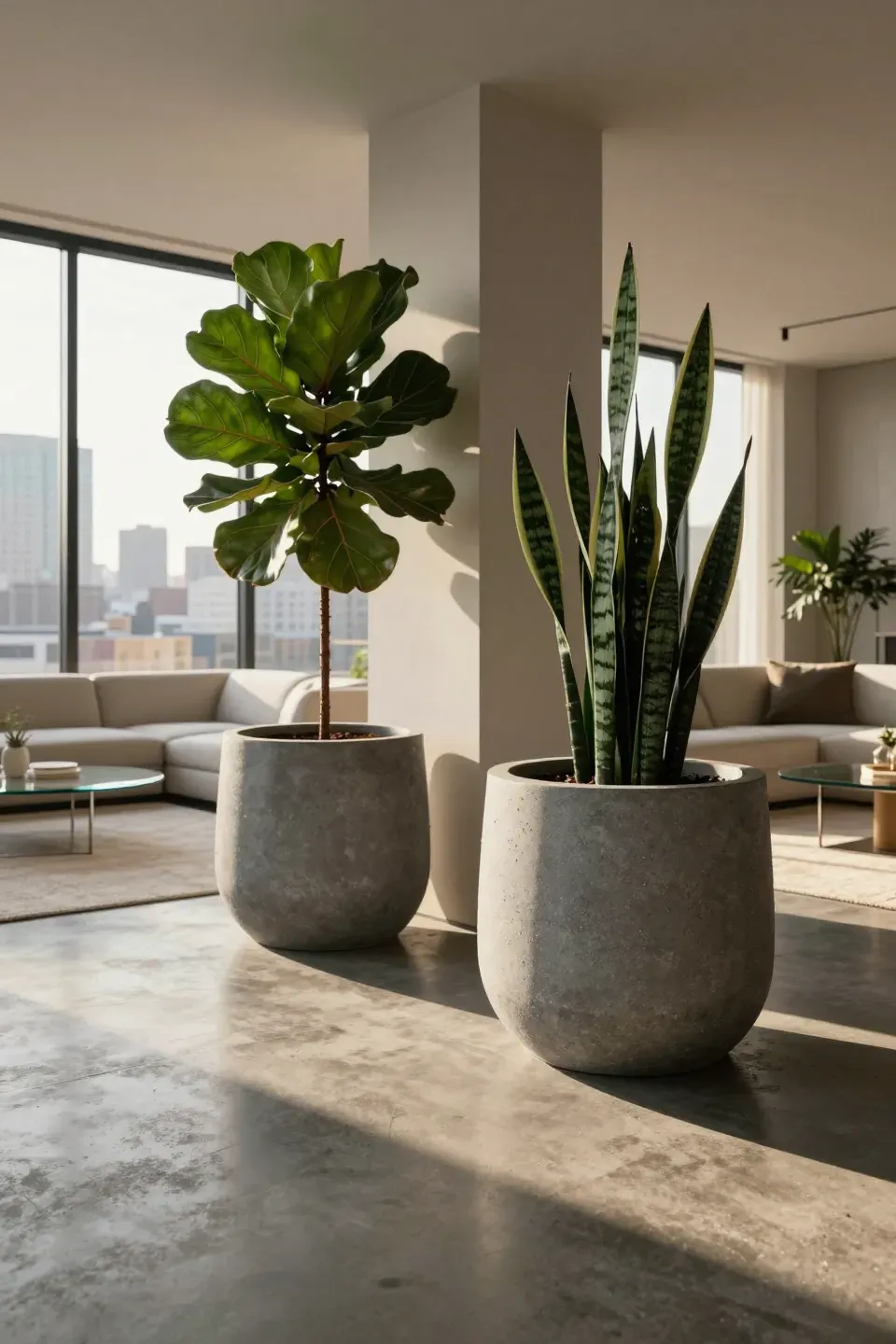Large slate gray fiberstone pots with tall indoor plants in a modern sunlit apartment.