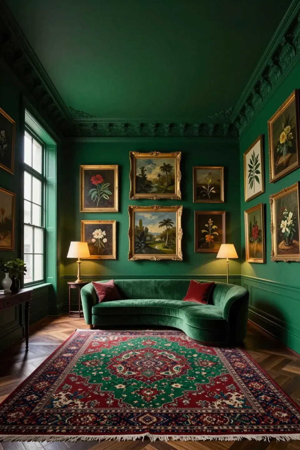 A wide-angle view of a maximalist living room with deep emerald walls and ornate gold-framed art.