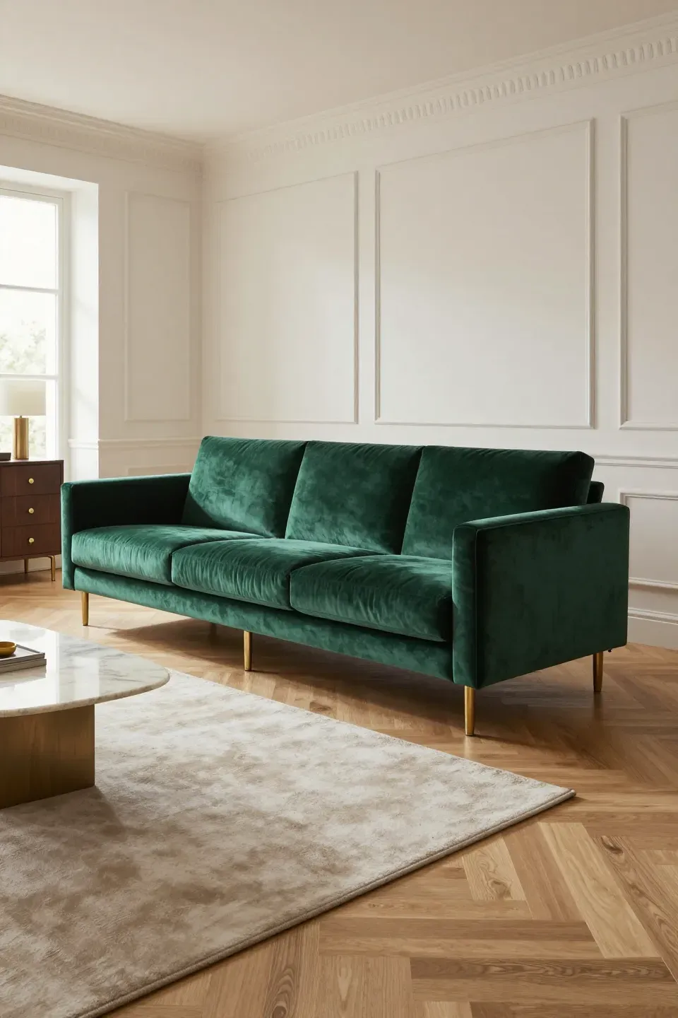 A luxurious emerald green velvet sofa with brushed brass legs in a sophisticated living room.