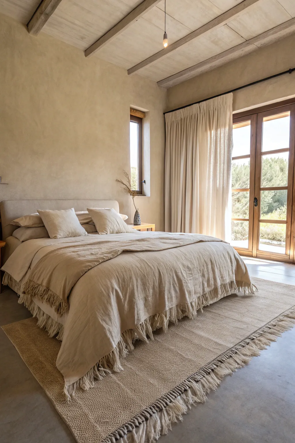 A cozy beige bedroom with oatmeal linen bedding featuring organic raw edges under soft natural light.
