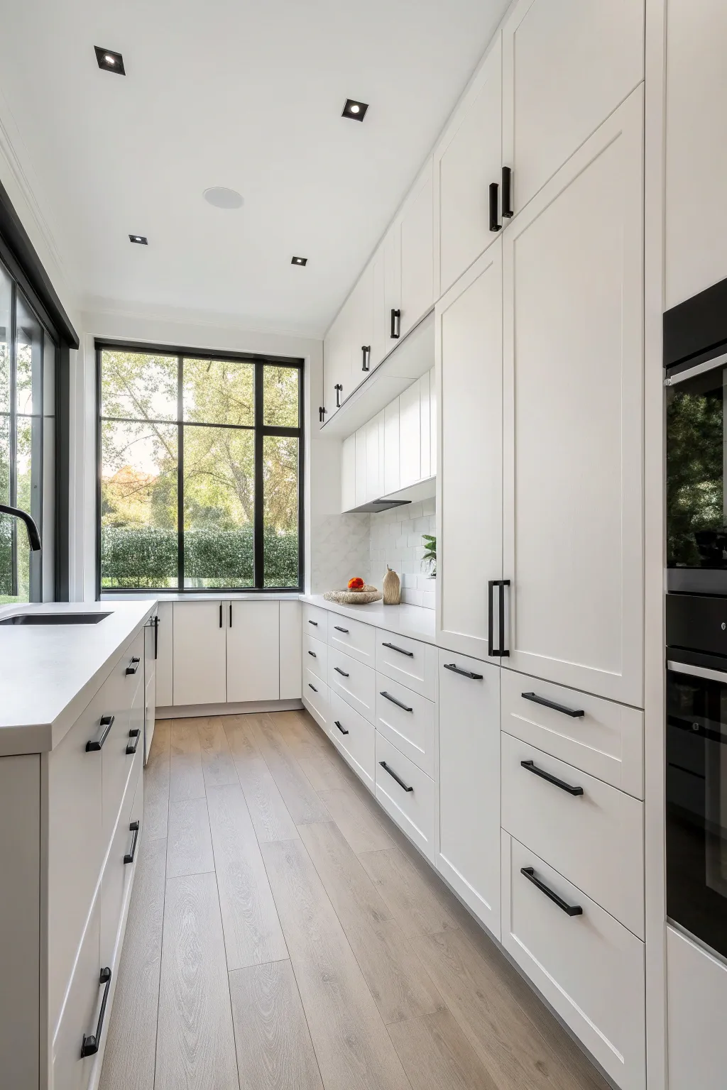 Modern matte white kitchen cabinets with slim black handles and a minimalist Scandi design.