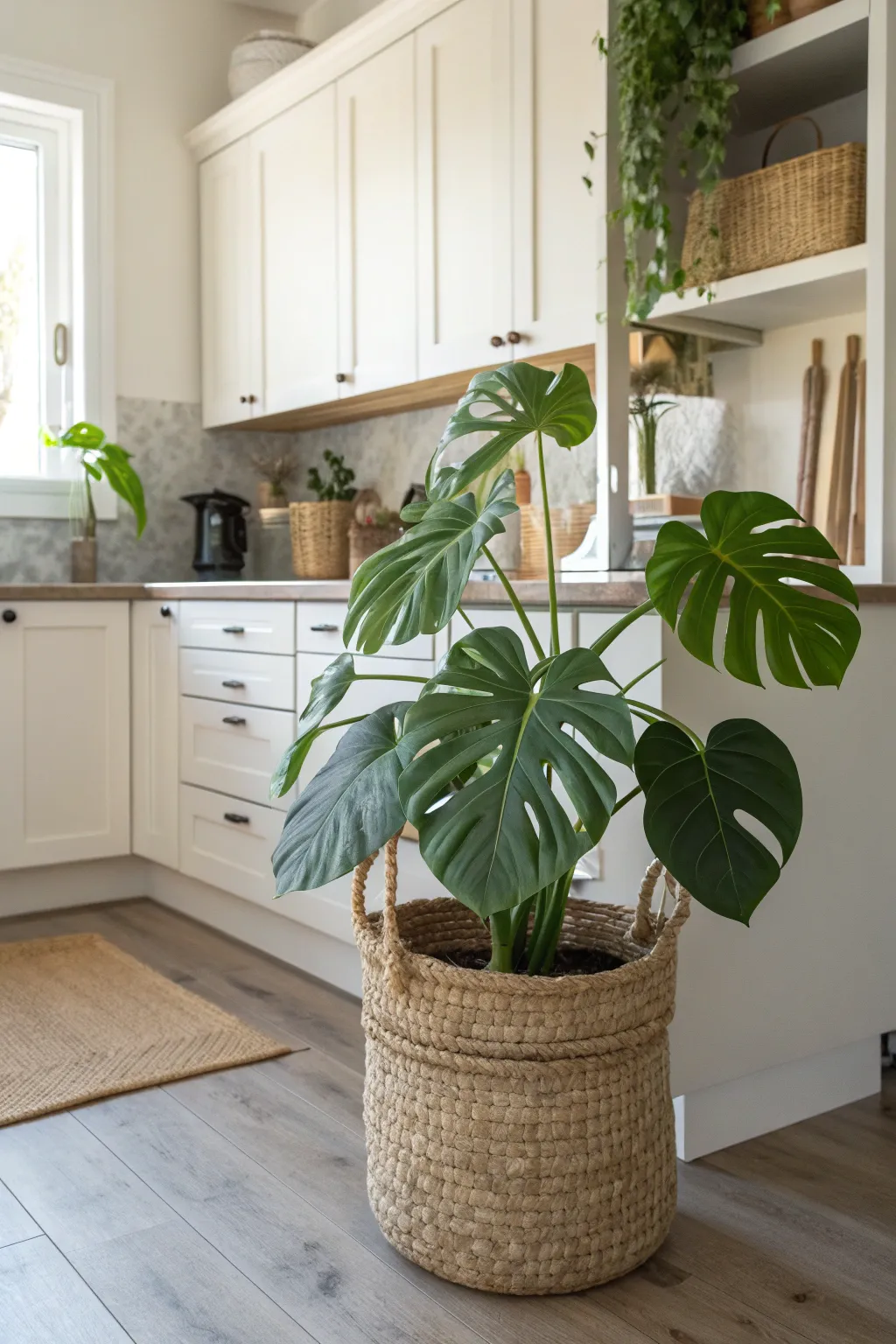 A large Monstera plant in a woven jute basket in a bright, sunlit Scandi boho kitchen corner.