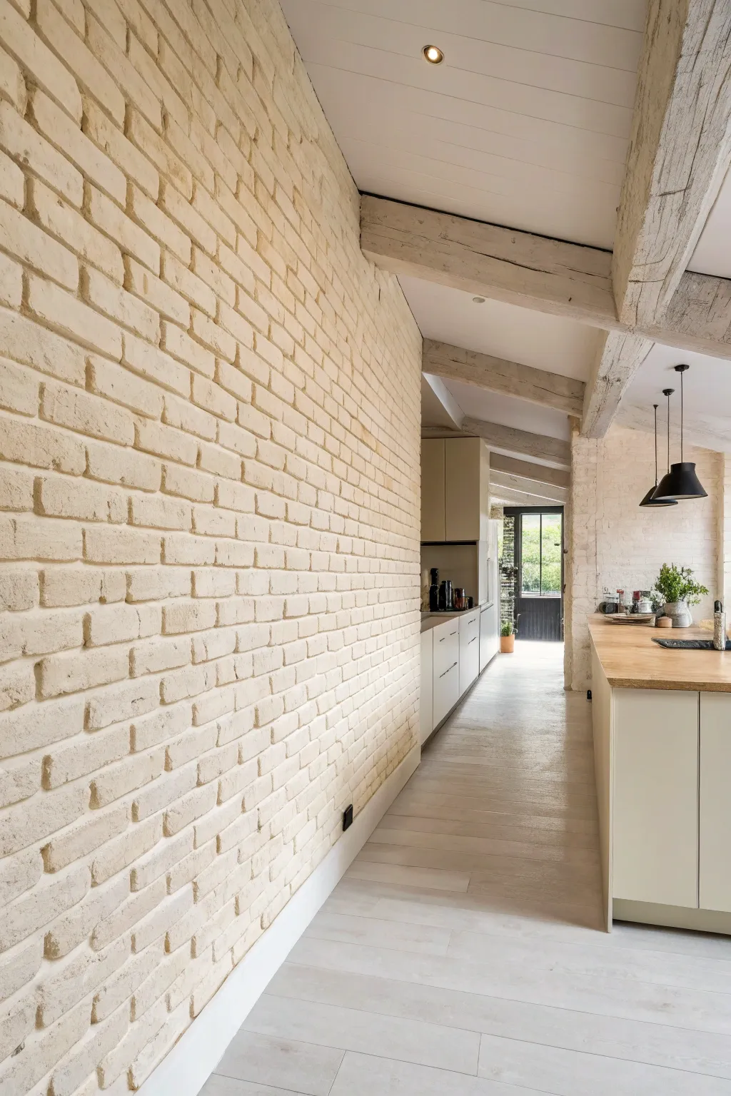 An exposed brick wall painted soft cream in a minimalist and textured Scandi boho kitchen.