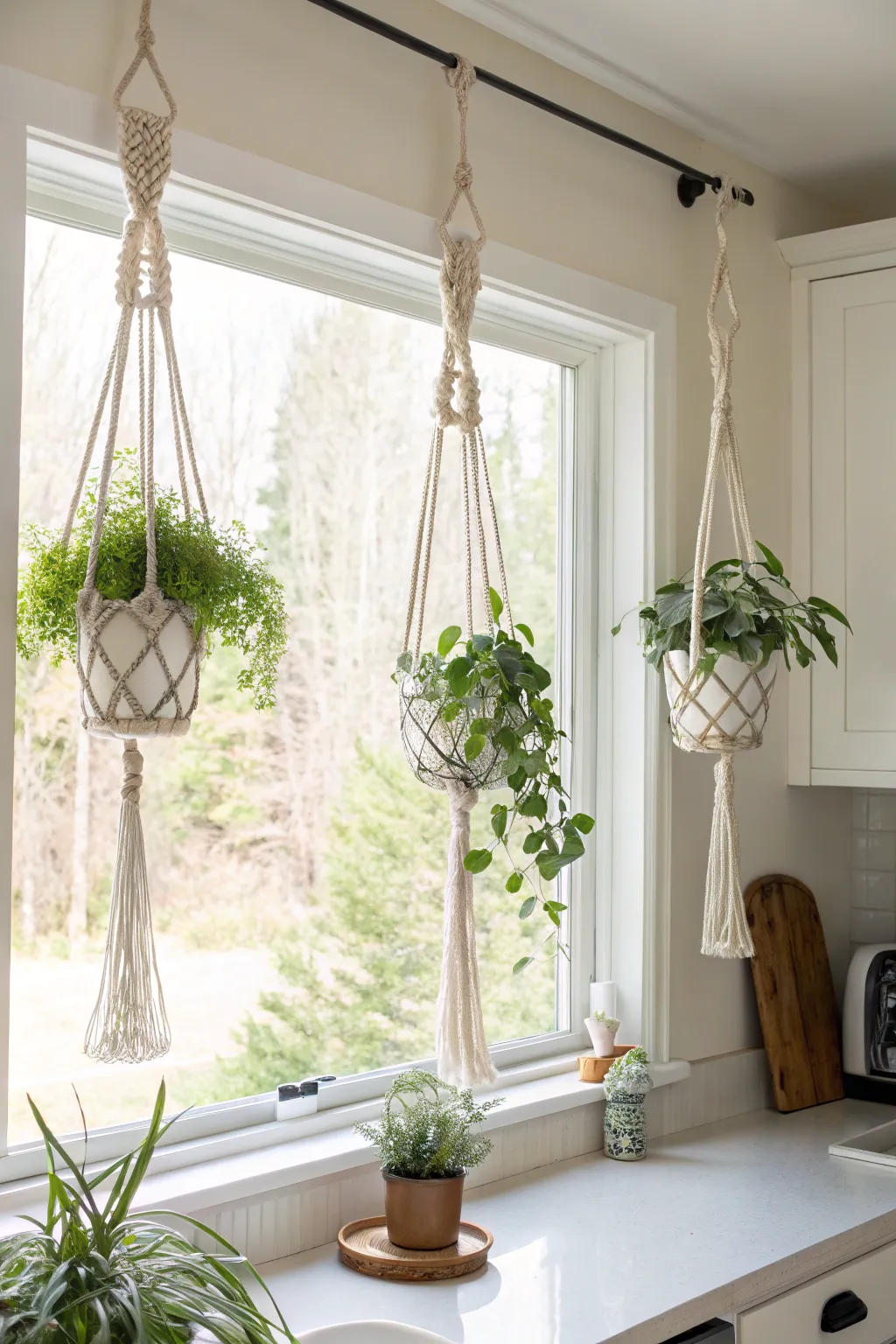 Macramé plant hangers with trailing greenery in front of a bright kitchen window.