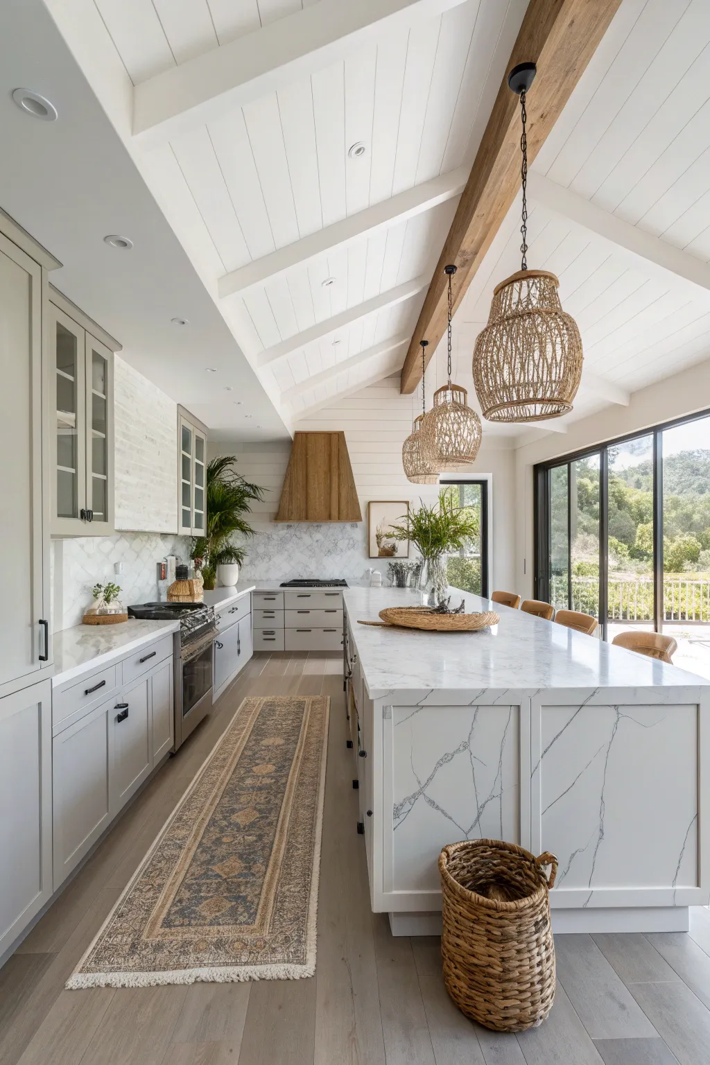 A bright Scandi boho kitchen featuring luxurious white marble countertops with grey veining and oak cabinets.