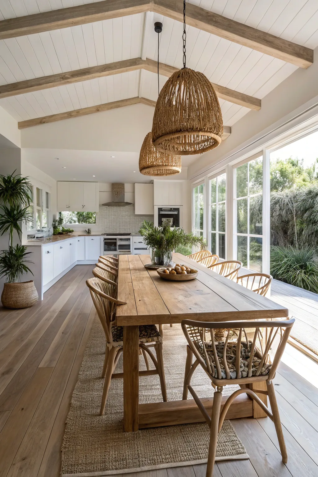 A raw wood dining table with classic Wishbone chairs in a bright, minimalist Scandinavian dining area.