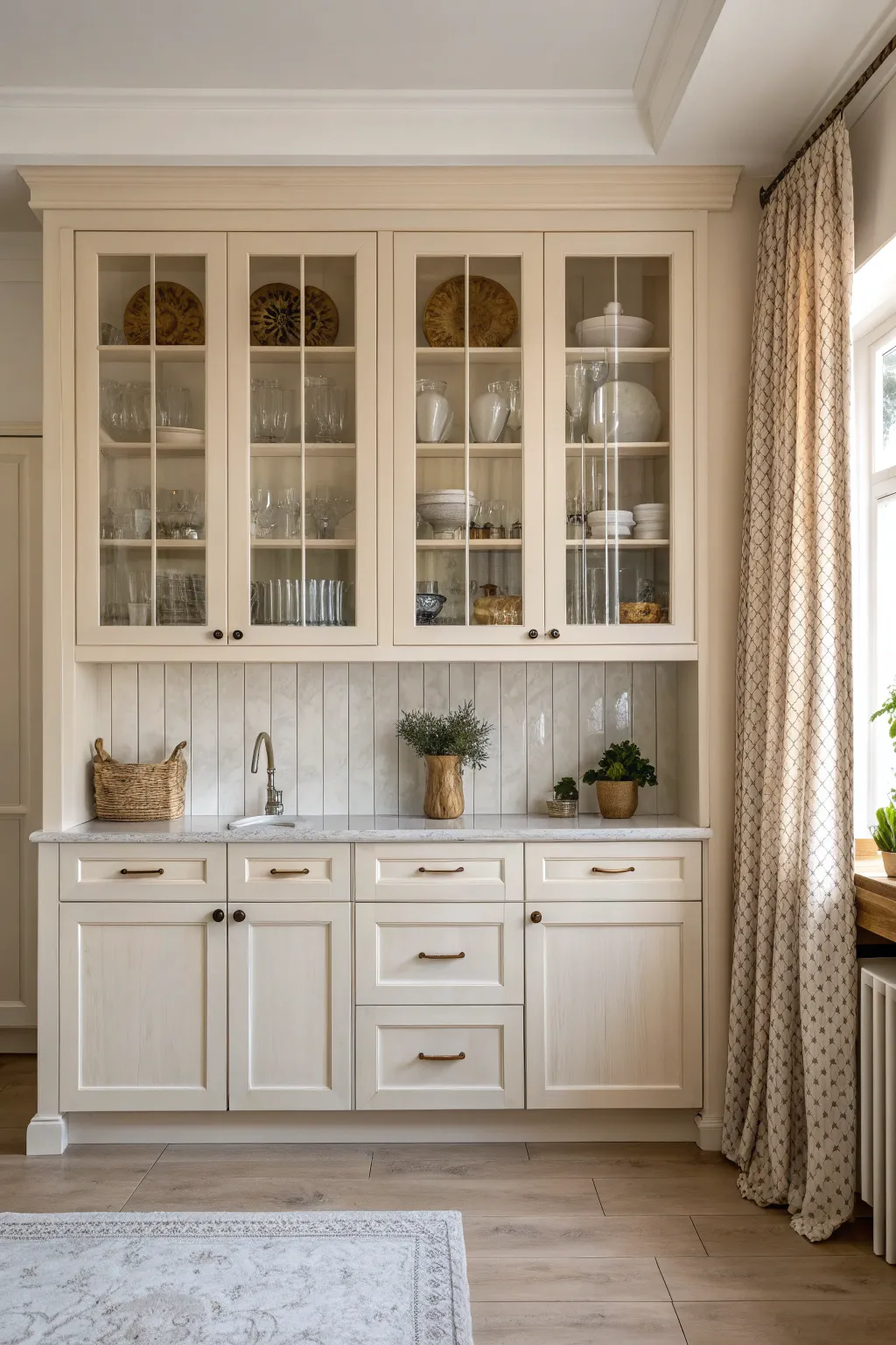 Glass-front kitchen cabinets with gathered linen curtains inside, creating a soft and textured look.