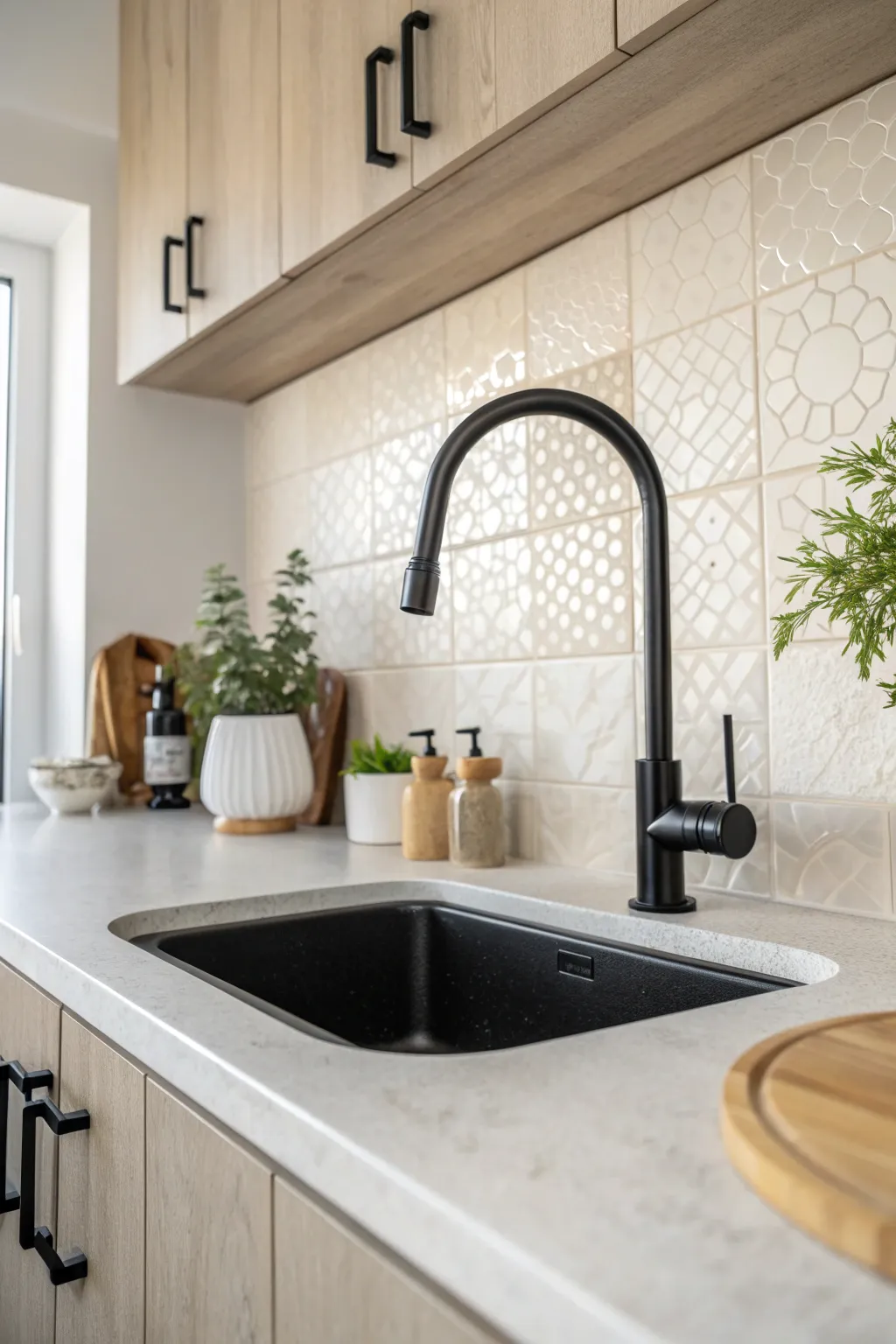 A sleek matte black high-arch faucet standing over a white sink in a minimalist Scandinavian kitchen.