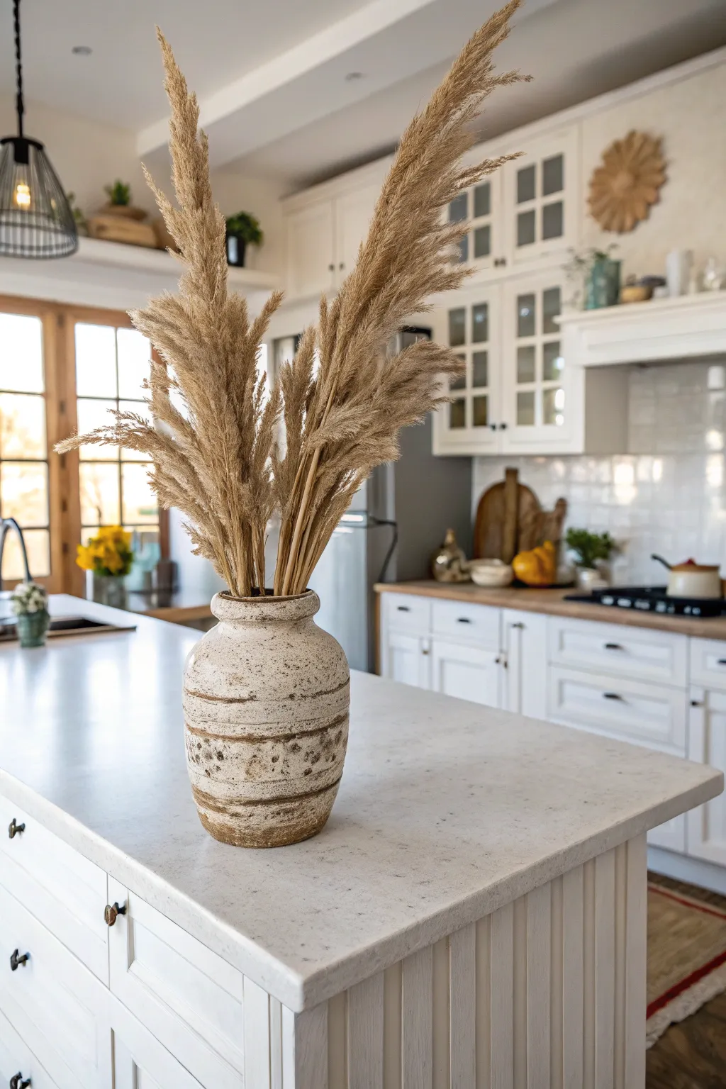 Feathery dried pampas grass in a tall stoneware vase on a kitchen island in a Scandi boho home.