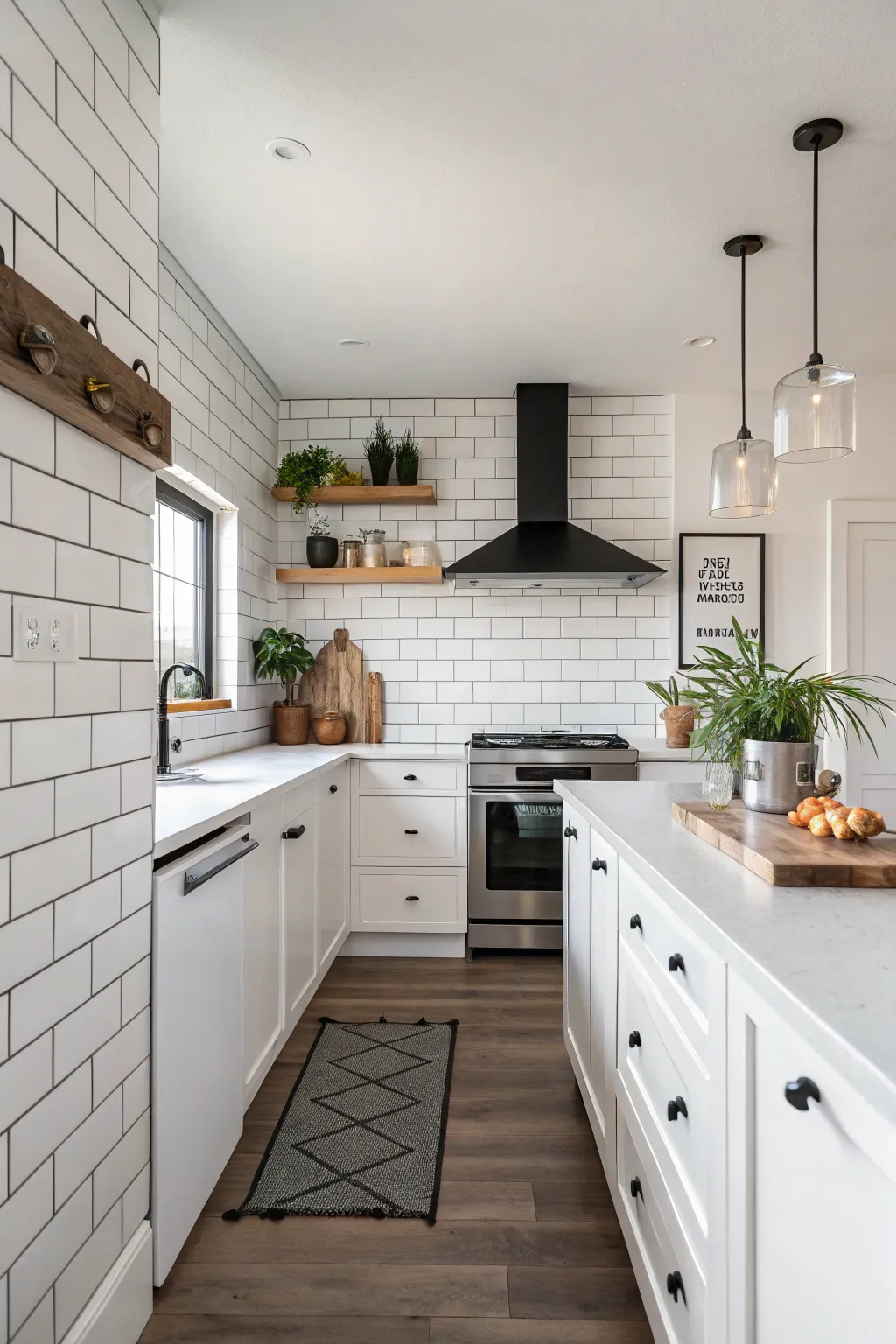 A Scandi Boho kitchen featuring white subway tiles with dark grout and light wood countertops.