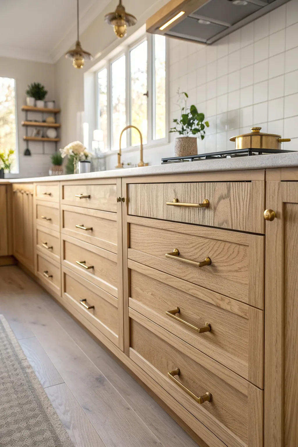 Brushed brass handles on light pine kitchen drawers in a minimalist Scandi Boho setting.