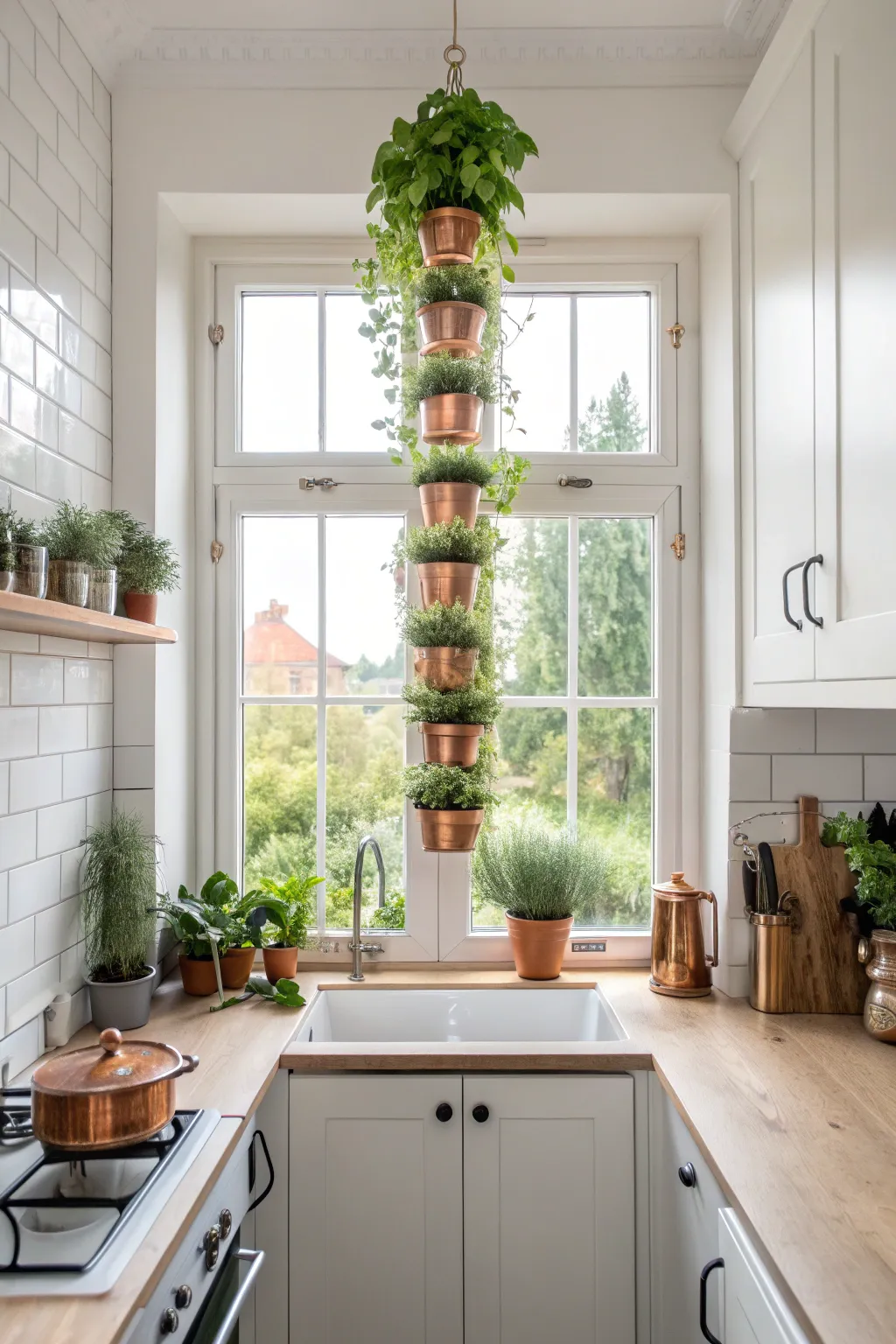 Fresh green herbs in hanging copper pots in front of a bright kitchen window.