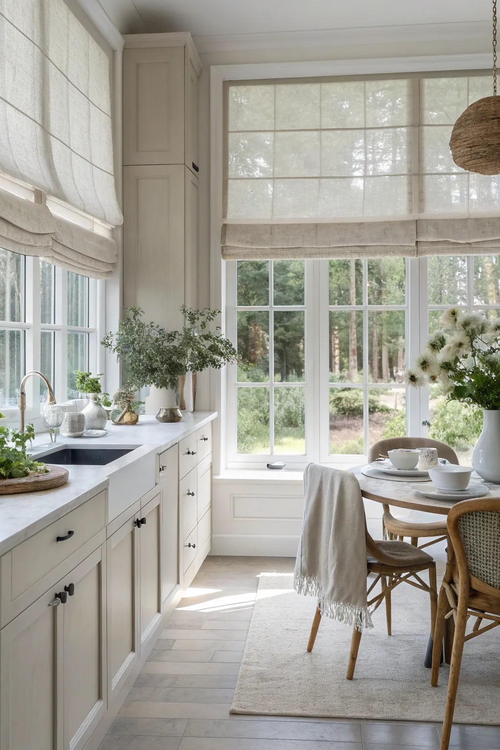 Oatmeal-colored linen Roman shades on a large kitchen window in a Scandi Boho home.