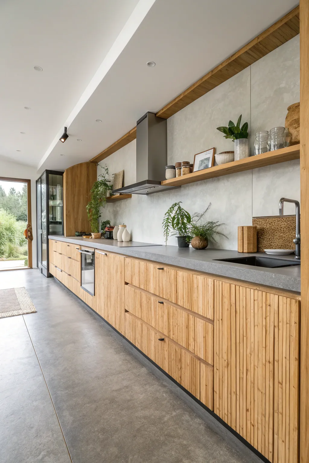 Matte concrete countertops paired with light bamboo cabinets in a modern kitchen.