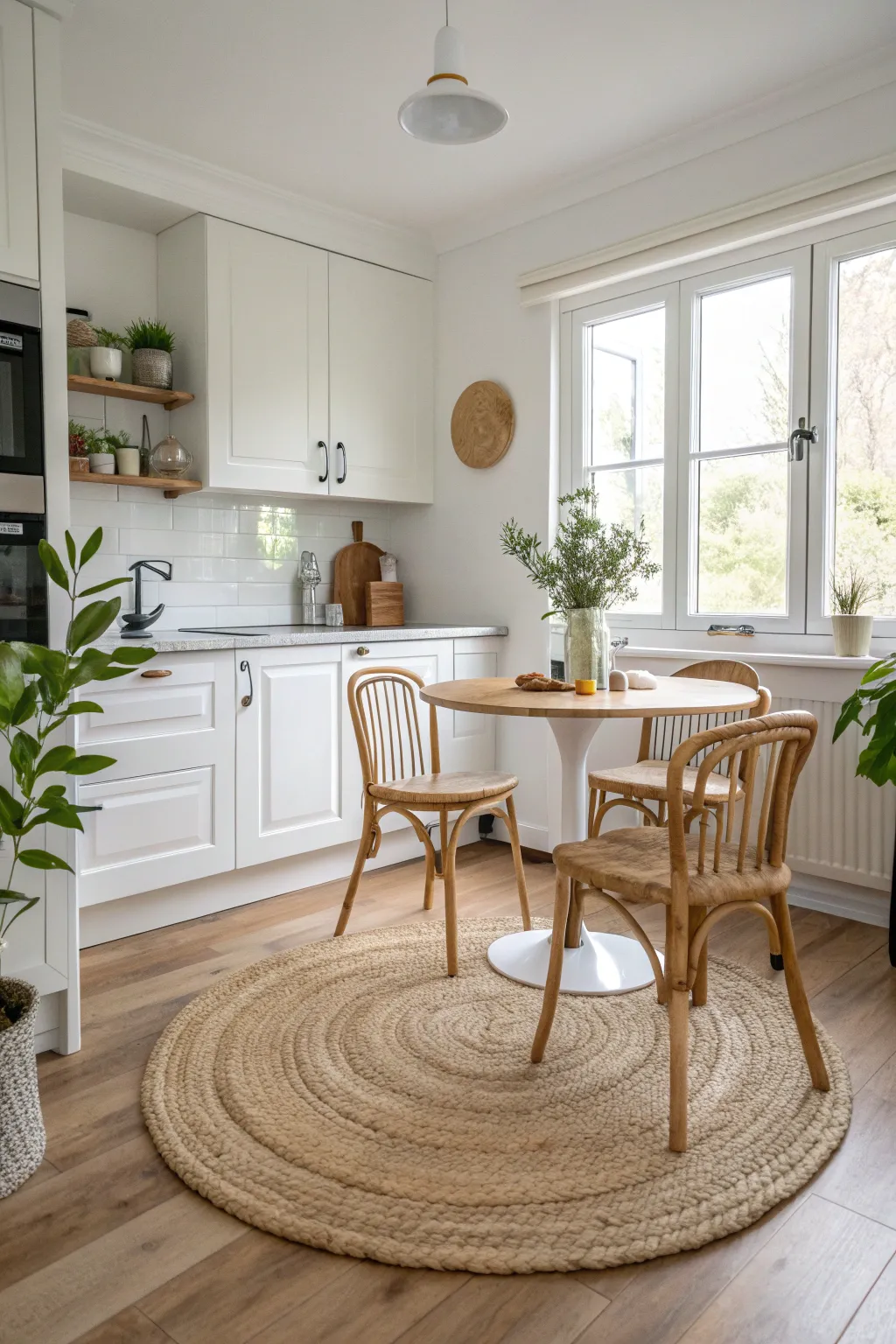 A circular jute rug sits under a wooden bistro set in a bright, minimalist Scandi-Boho kitchen.