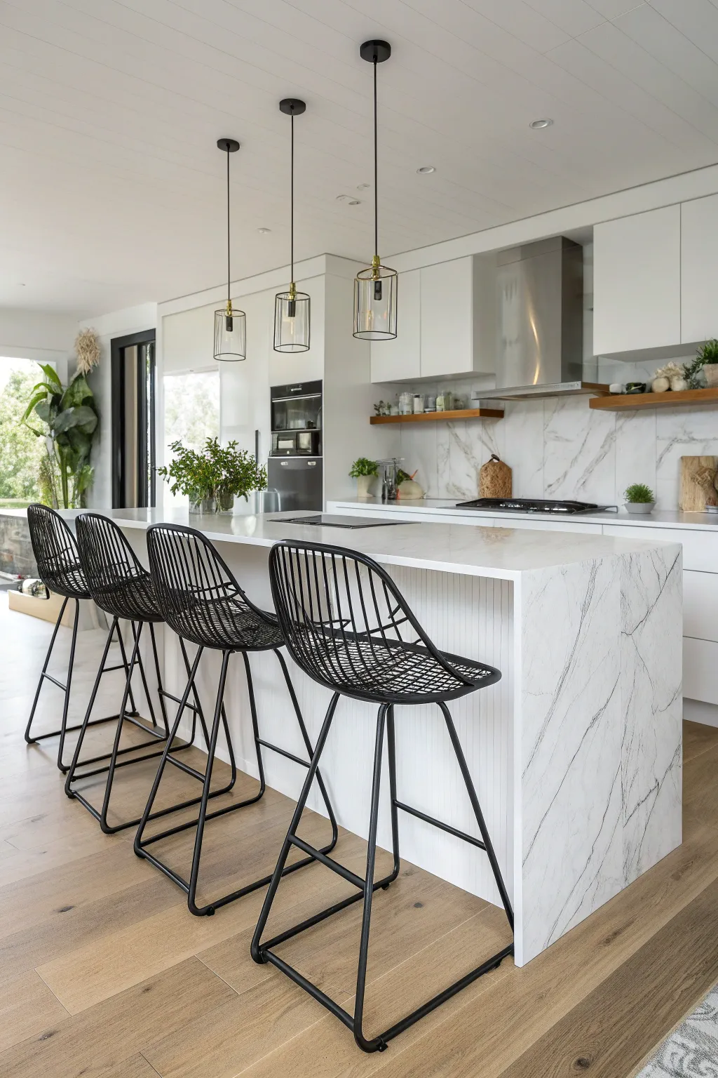 Three black wire bar stools stand at a white marble kitchen island in a bright, modern home.