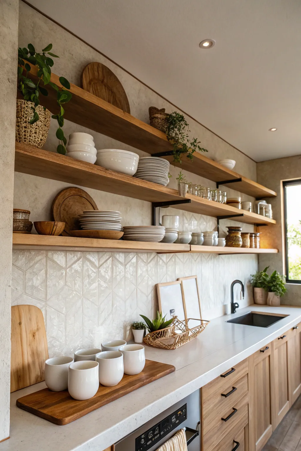 Open wooden shelves hold stacked white mugs and wooden bowls against a white tiled kitchen wall.