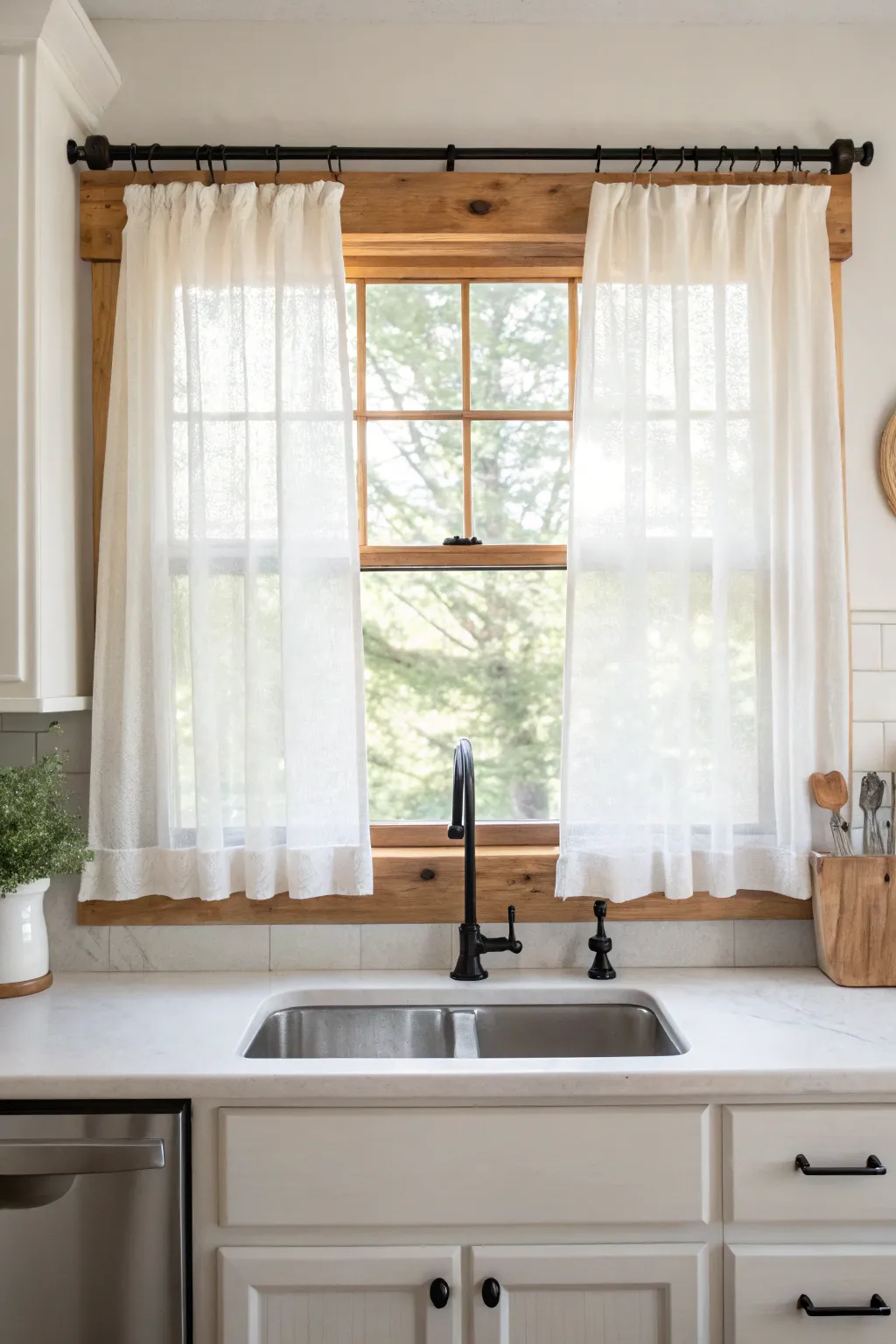 Sheer white linen cafe curtains cover the lower half of a bright kitchen window above a sink.