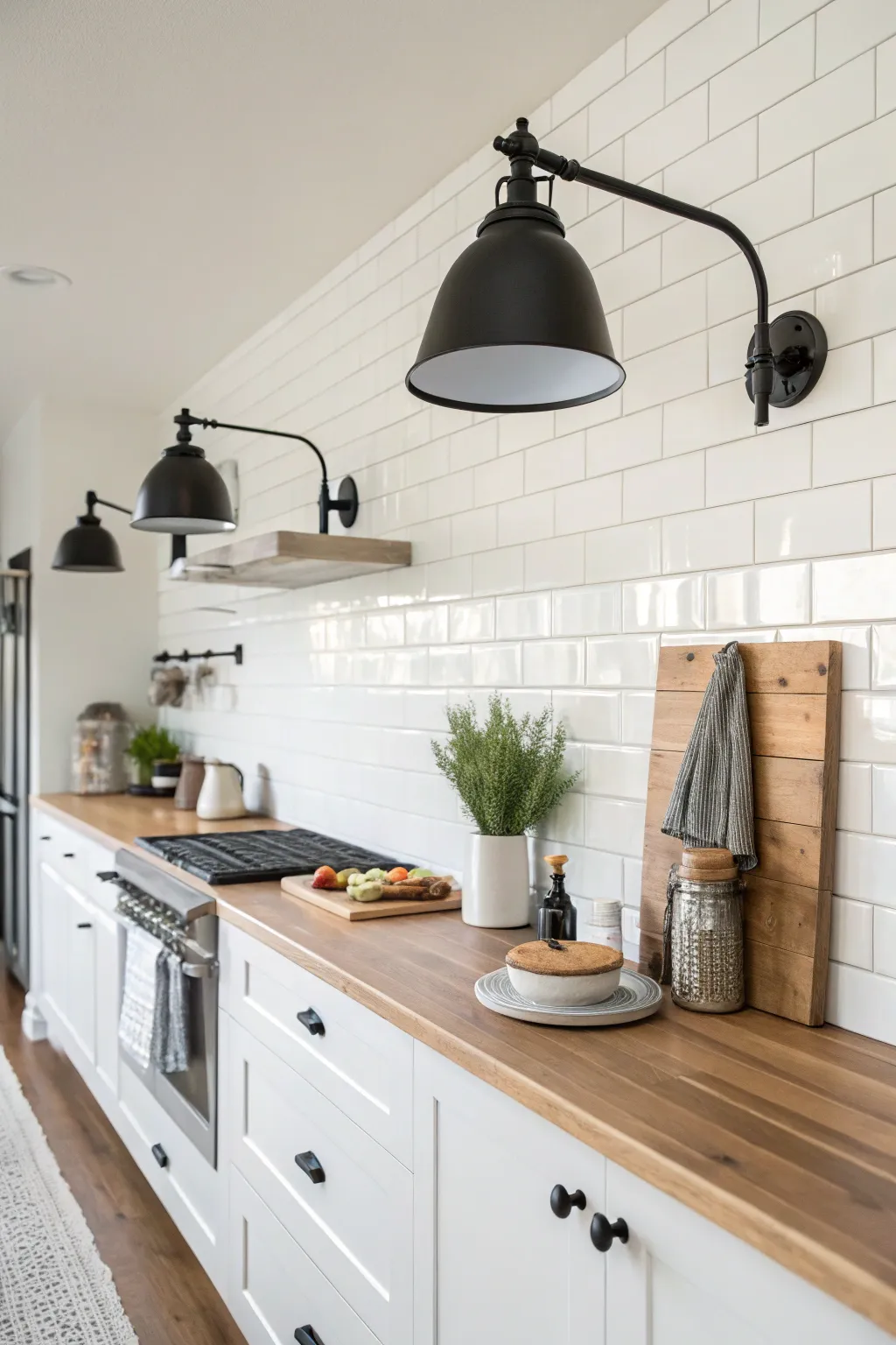 Two matte black swing-arm sconces are mounted on a white wall above a wooden kitchen counter.