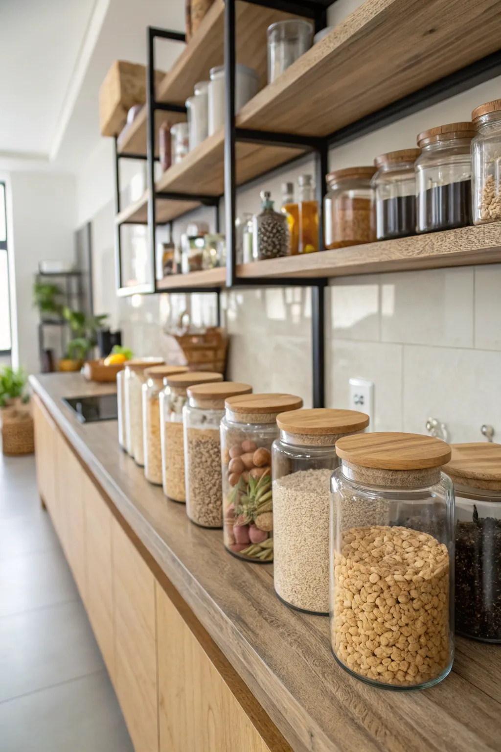 A row of glass storage jars with wooden lids filled with dry goods sits on a wooden kitchen shelf.