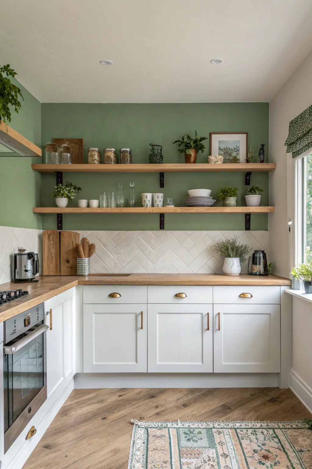 A soft sage green kitchen wall with light oak floating shelves holding white dishes and green plants.