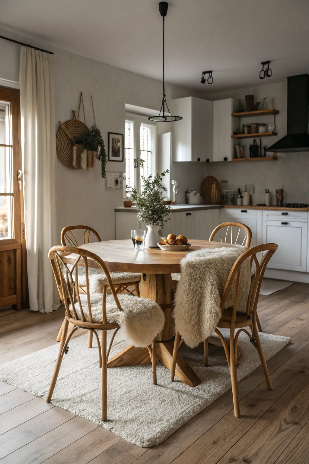 Wooden dining chairs in a kitchen nook draped with soft white sheepskin throws for a cozy Scandi feel.