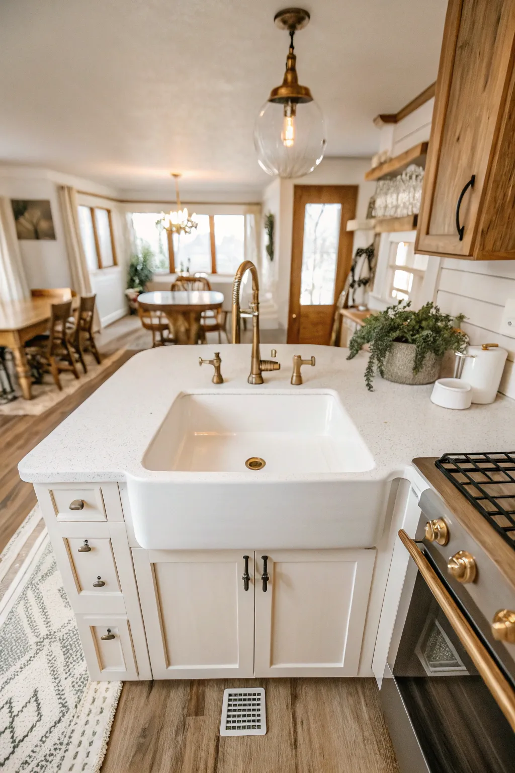 A deep white porcelain farmhouse sink installed in a kitchen island with a brass faucet.