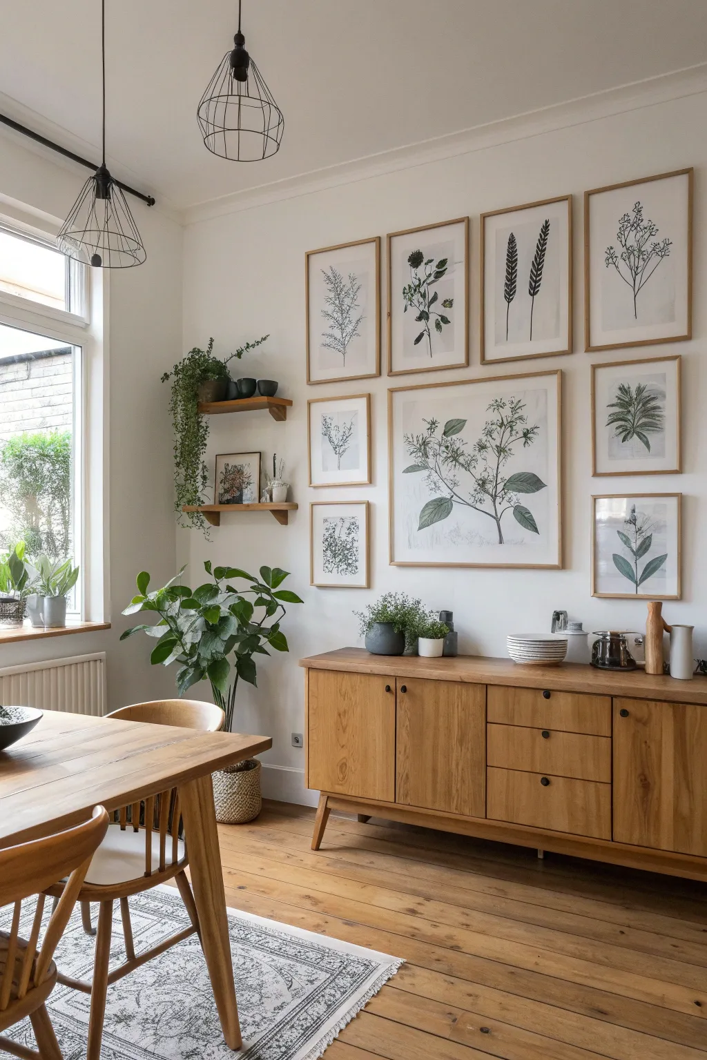 A minimalist gallery wall with botanical line art prints in a bright Scandinavian kitchen.