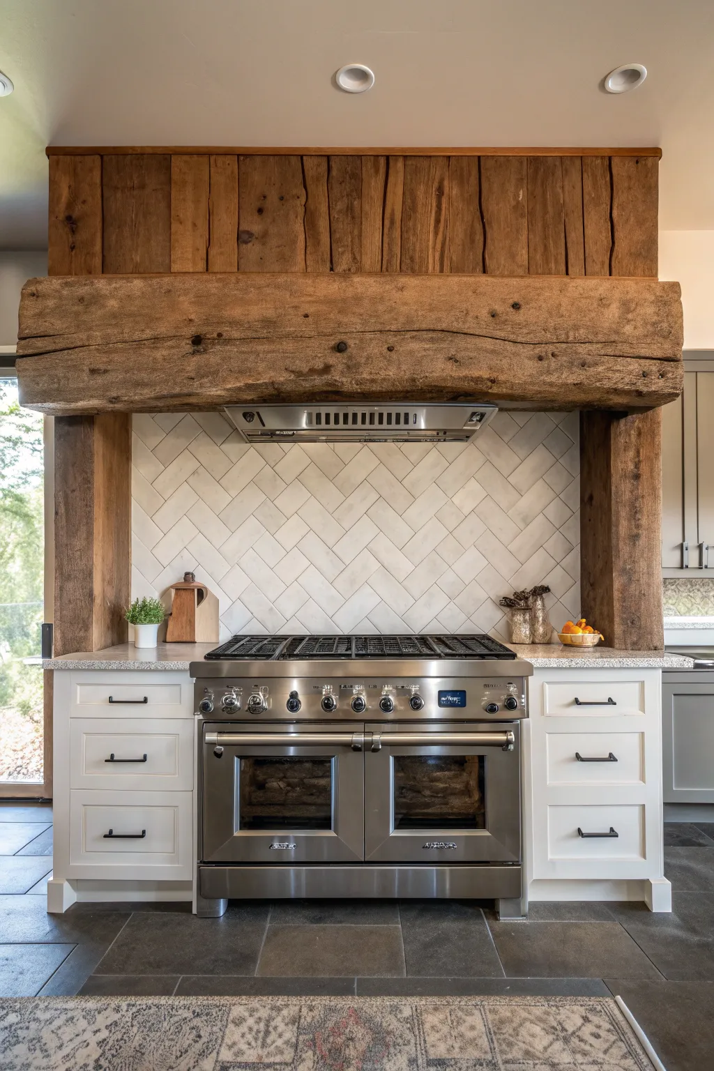A thick reclaimed wood mantel shelf positioned over a stainless steel kitchen stove.