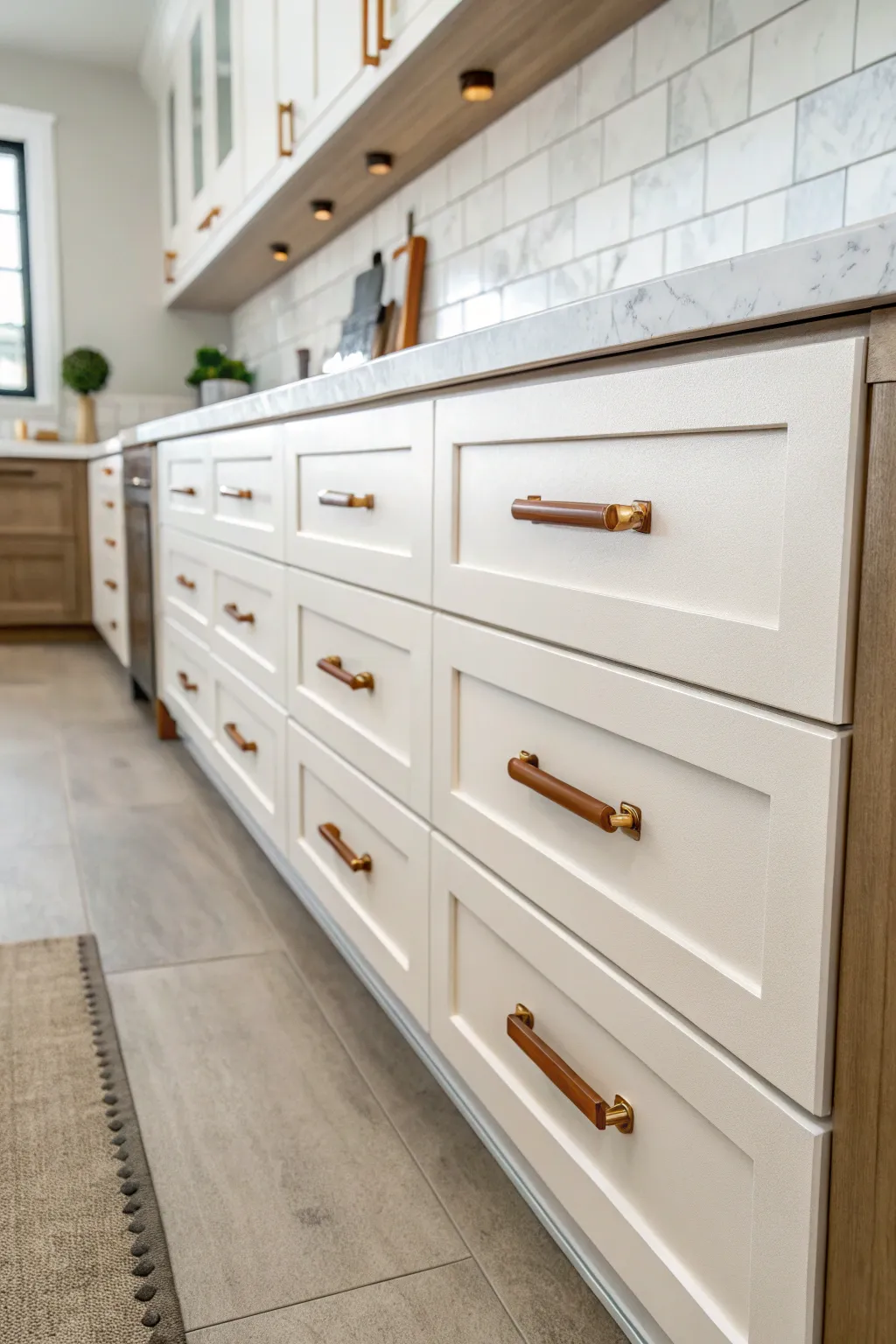 Modern white kitchen drawers featuring natural tan leather tab pulls with brass hardware.