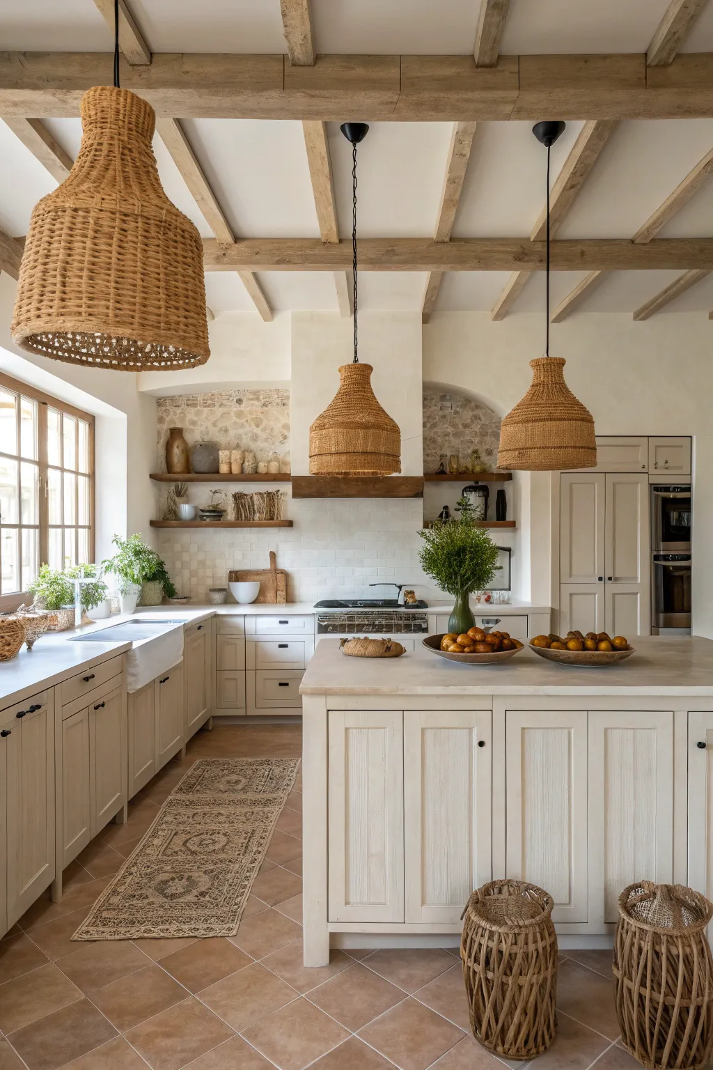 A minimalist Scandi-Boho kitchen featuring textured terracotta clay pendant lamps over a wood island.
