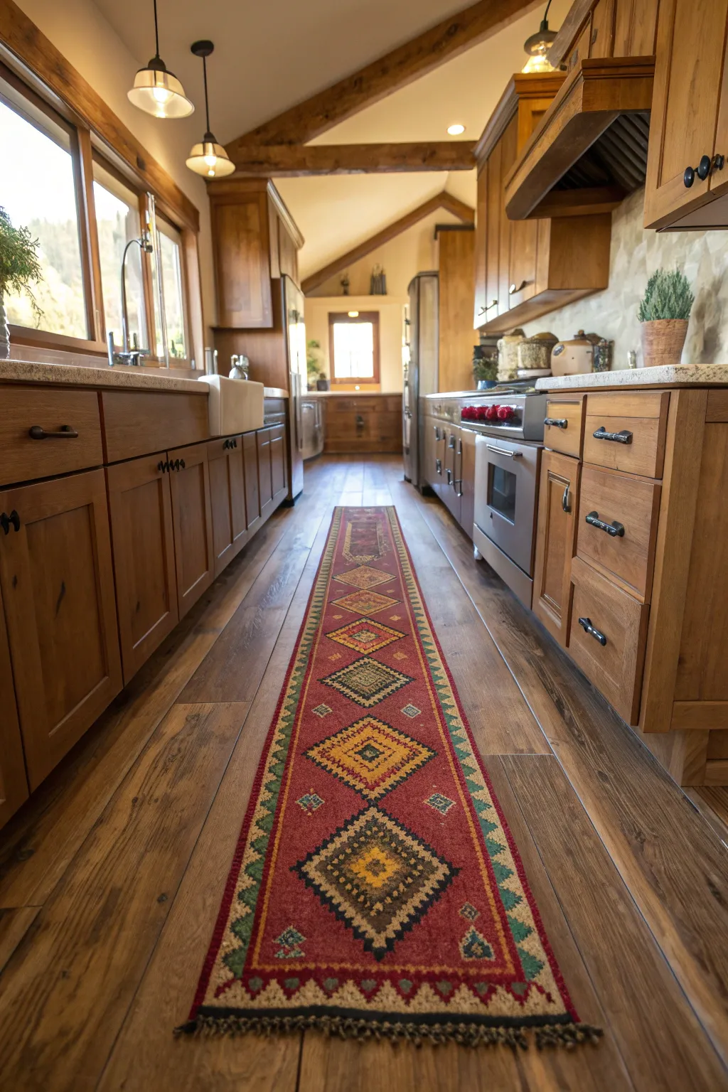 A long colorful kilim runner rug with geometric patterns on a wooden floor in a rustic ranch kitchen.