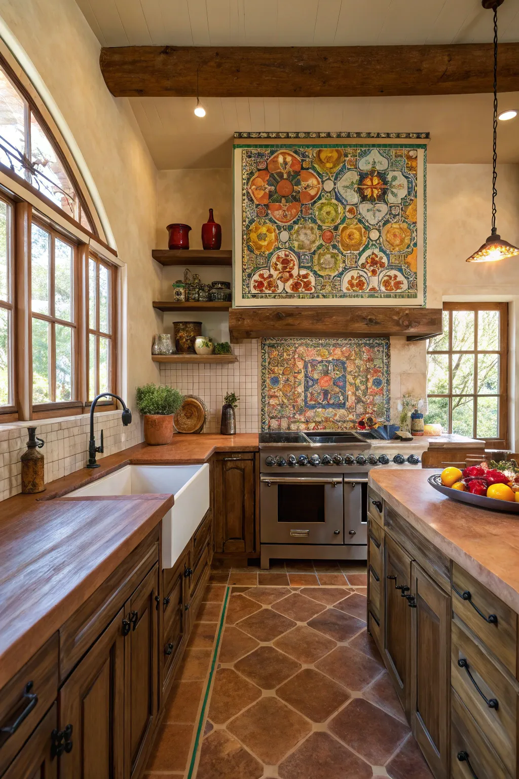 Colorful hand-painted Talavera tiles with floral patterns used as a kitchen backsplash.