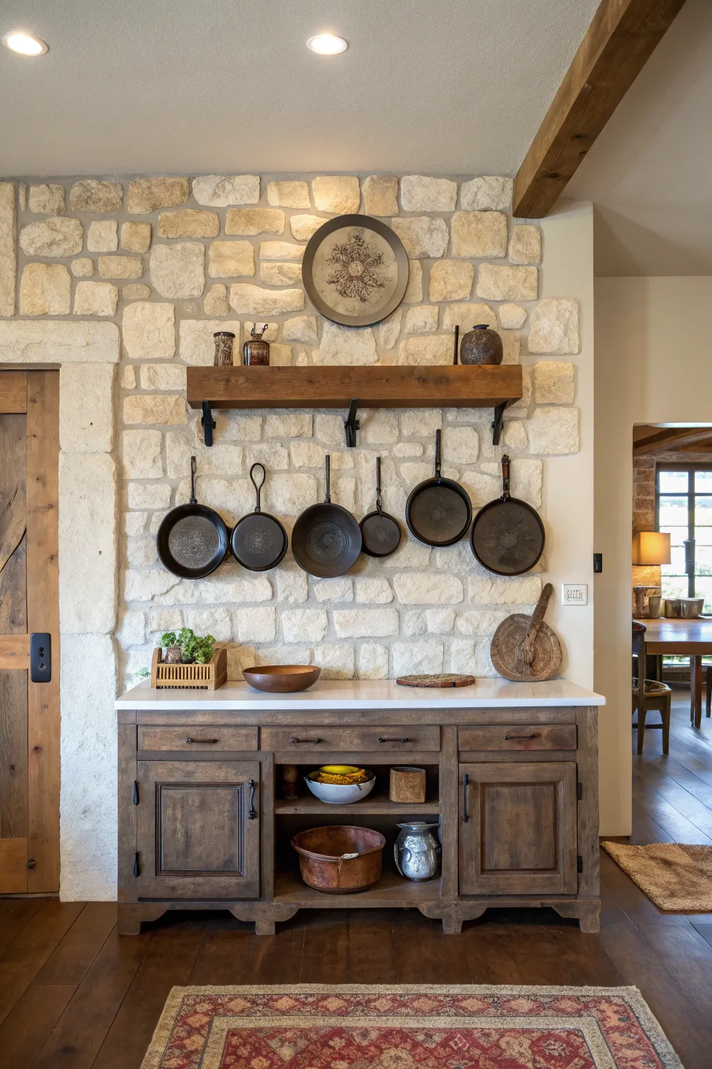A collection of matte black cast iron skillets hanging on a rustic stone kitchen wall.