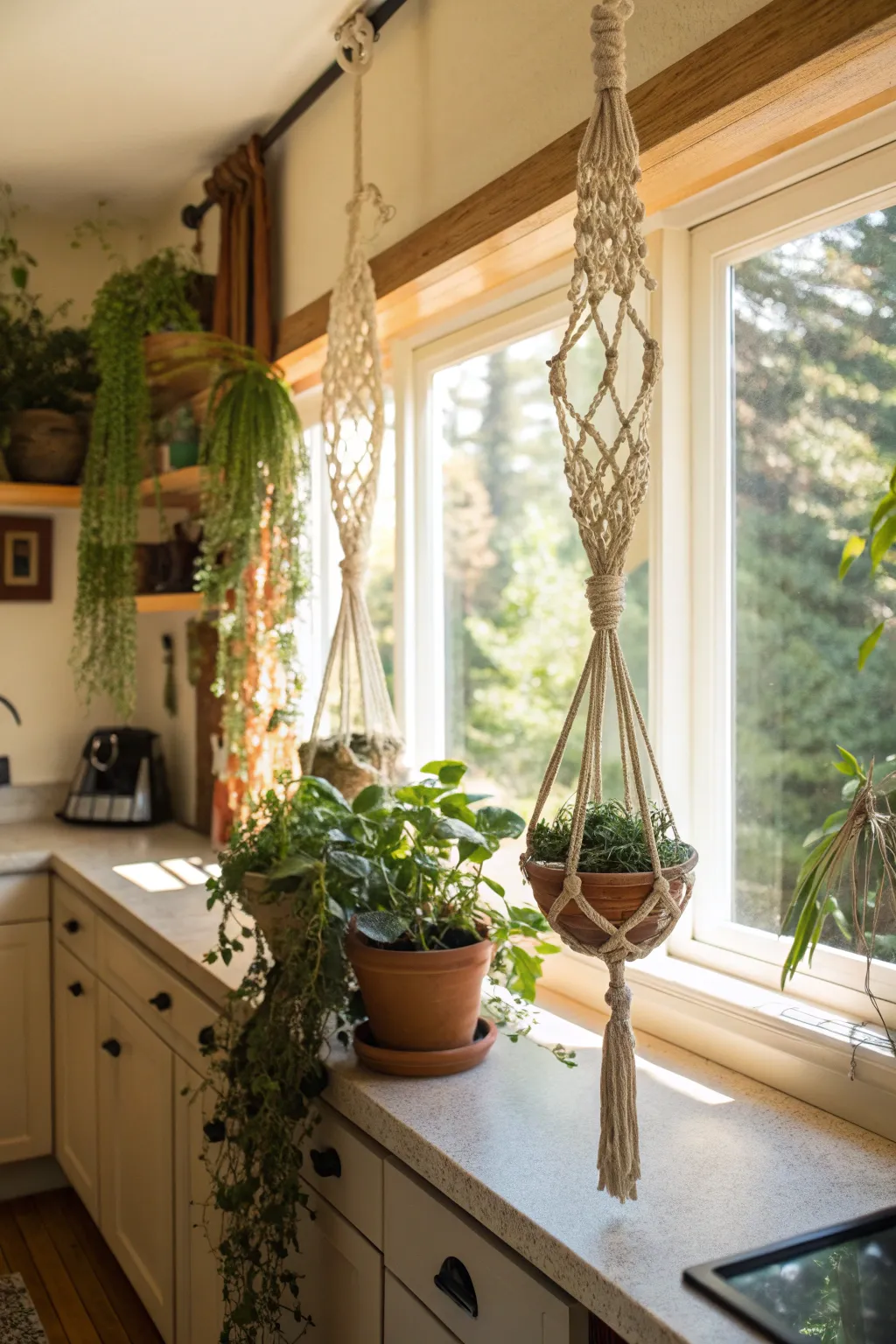 Green trailing plants in cream macramé hangers suspended in a sunlit boho kitchen.