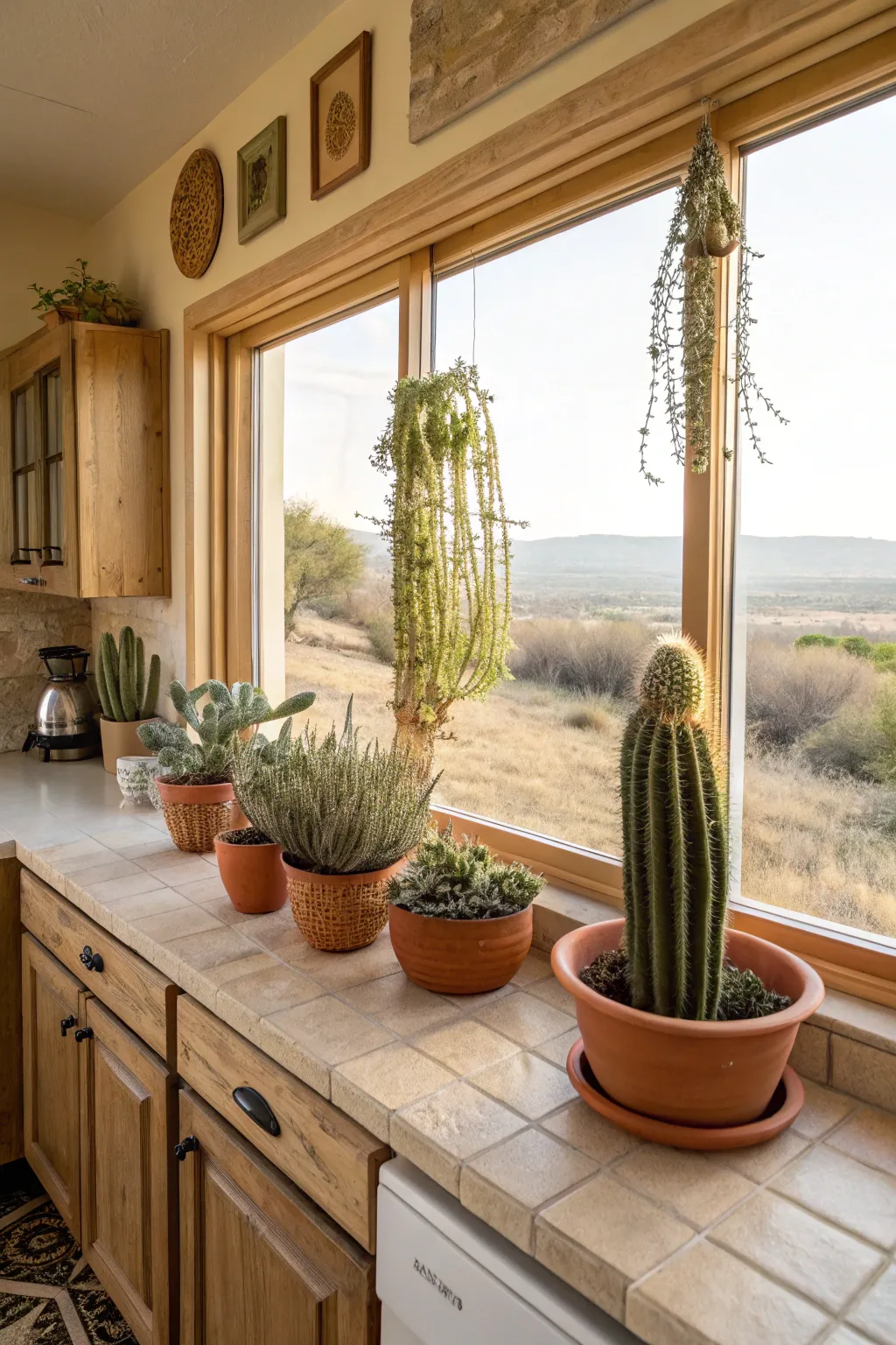 Potted Saguaro and prickly pear cacti in terracotta pots on a sunlit kitchen windowsill.
