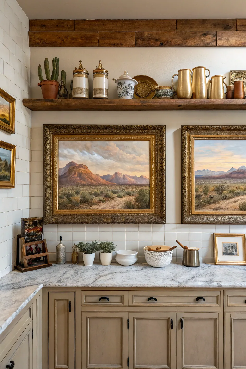 Ornate gold-framed desert landscape paintings displayed on a kitchen wall with open shelving.