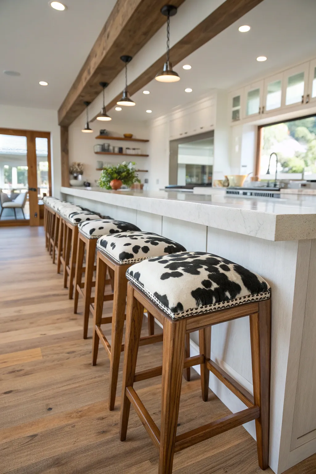 Wooden bar stools with black and white cowhide seats at a kitchen island.